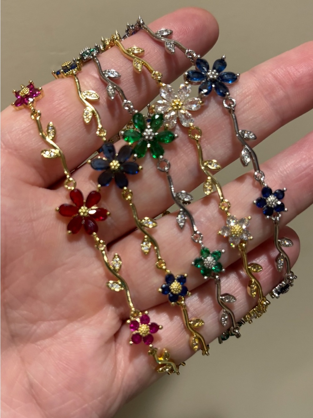 New Floral Multi-Color Crystal Bracelets in red, blue, green!